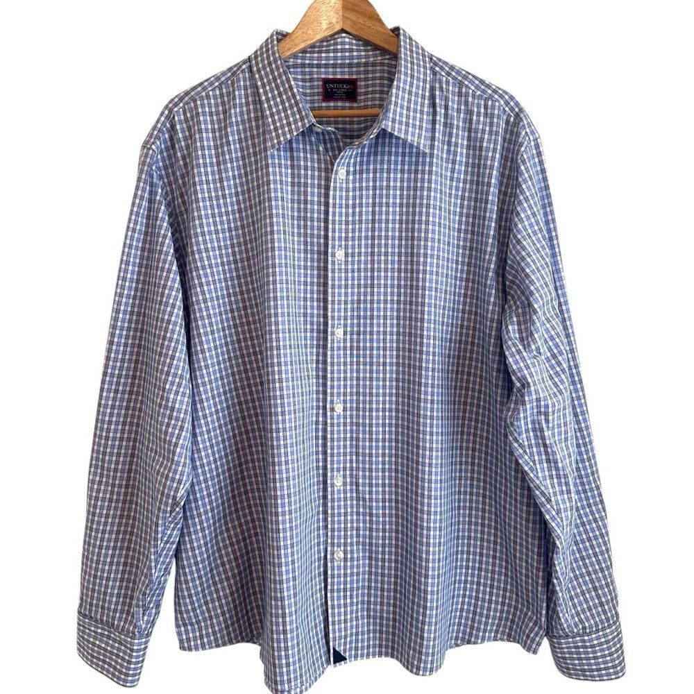 UNTUCKit Men's Blue, White Checkered Long Sleeve Preppy Button Down Shirt XXXL